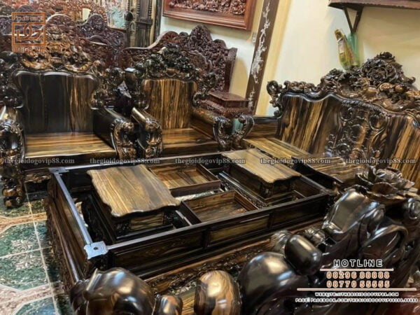 Bộ bàn ghế gỗ phòng khách Hoàng gia nguyên khối gỗ mun Lào