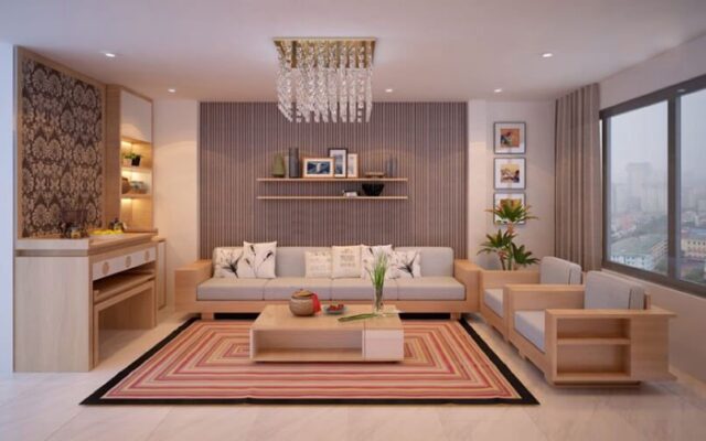 Cách bố trí bàn ghế gỗ hài hòa với các gam màu của không gian phòng khách