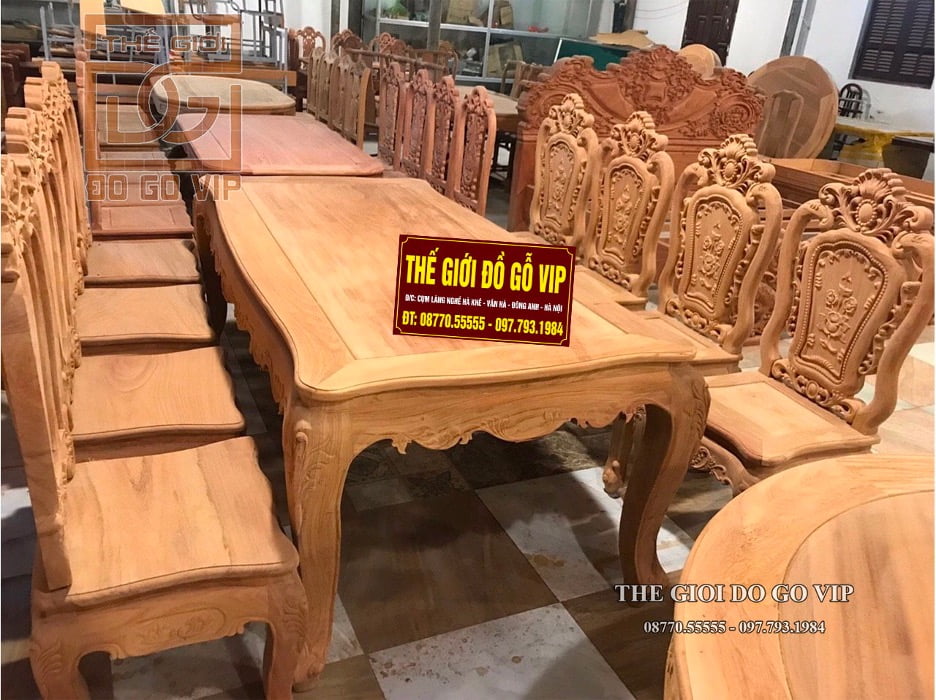 Bộ bàn ăn hoàng gia mặt trời 8 ghế gỗ hương đá