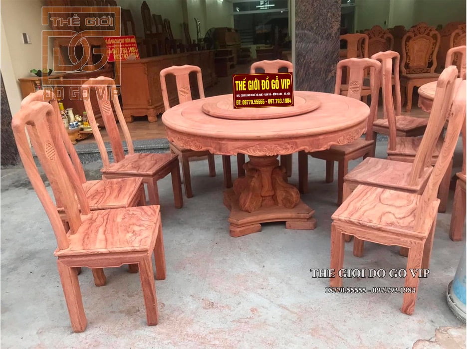 Bộ bàn ăn tròn mâm xoay 8 ghế - Gỗ hương đá