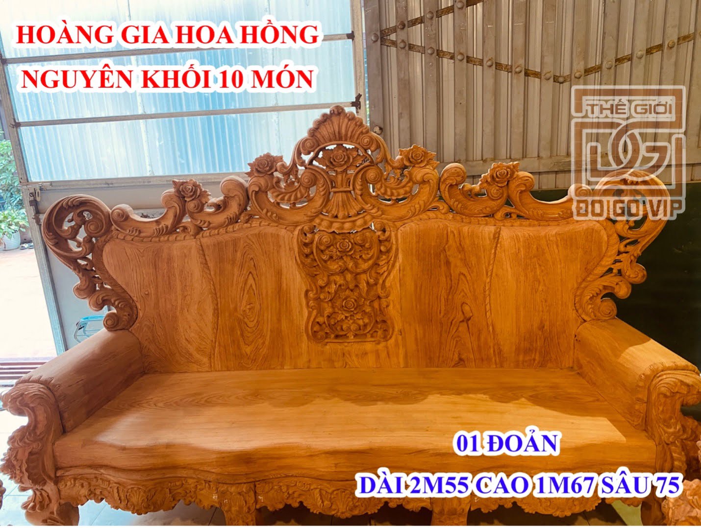 Ghế dài của bộ bàn ghế hoàng gia hoa hồng nguyên khối 10 món chân 18 gỗ hương đá